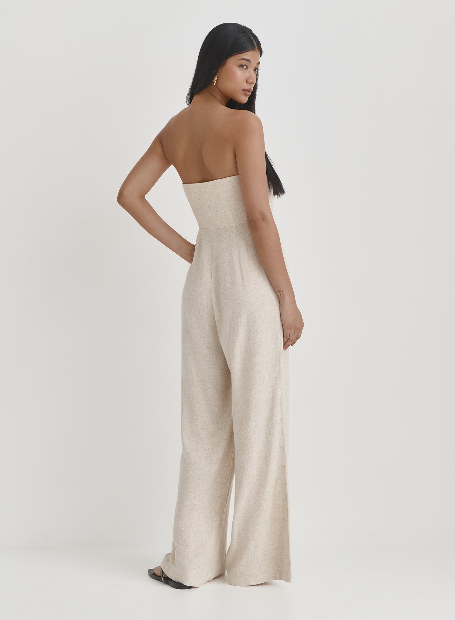 Beige Linen Bandeau Jumpsuit
